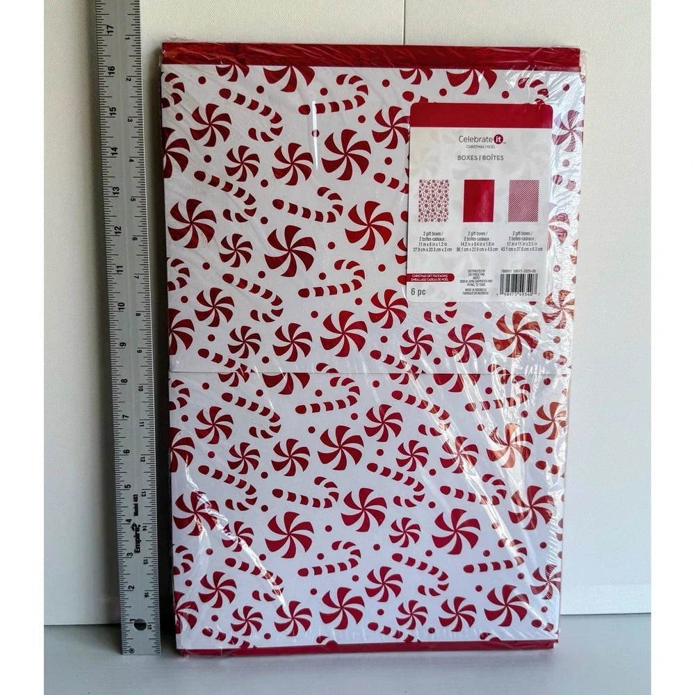 Celebrate It Christmas Gift Boxes Peppermint Candy Cane 6 Pc Elegant New Sealed